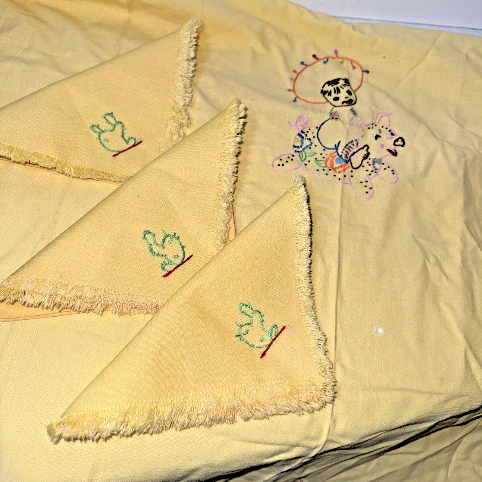 Vintage madeira style linen table cloth Southwest Embroidered Cactus Napkins Pig
