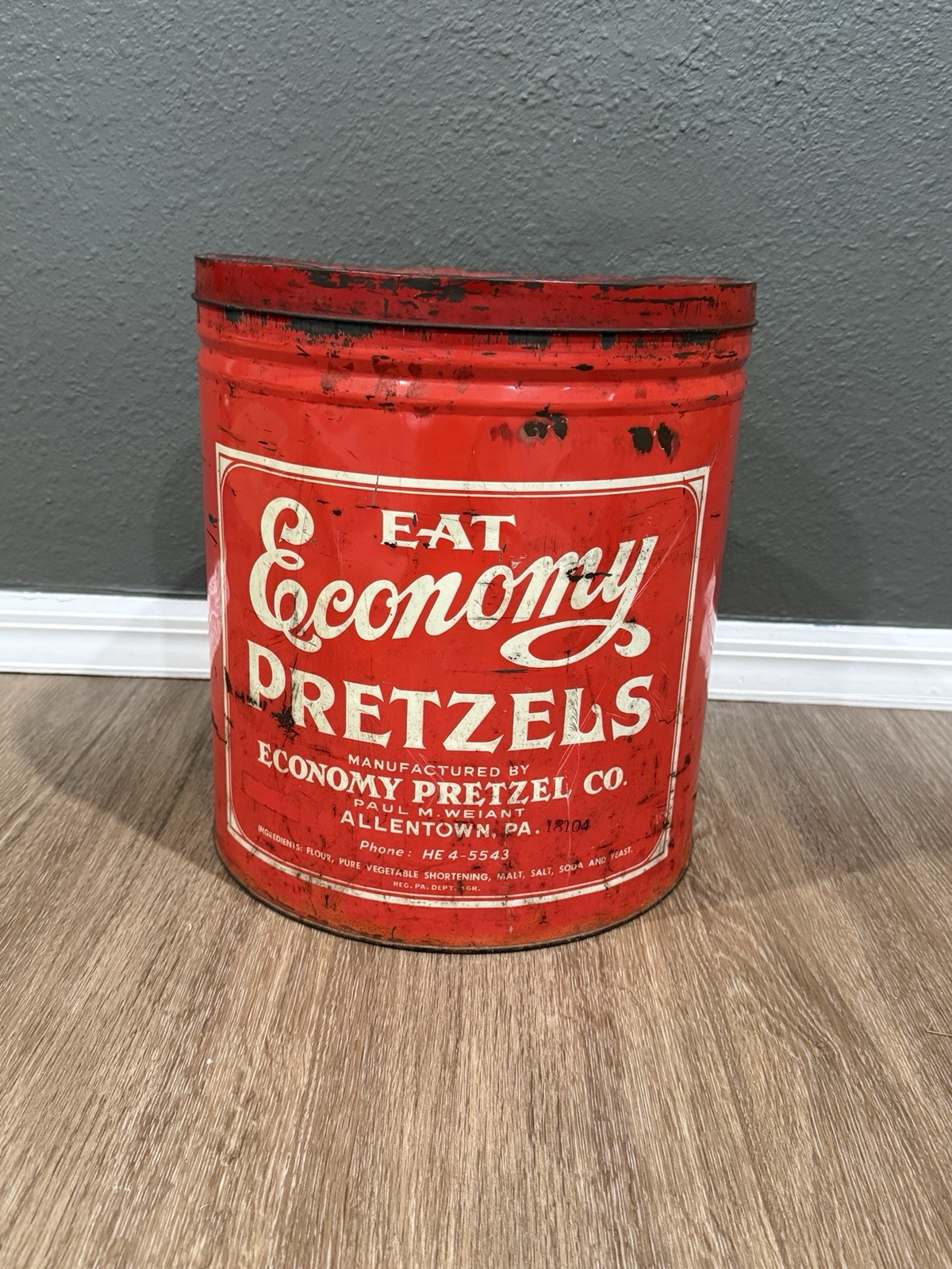 Eat Economy Pretzels Tin Vintage Allentown Pennsylvania 13.5” Tall Large Tin Can