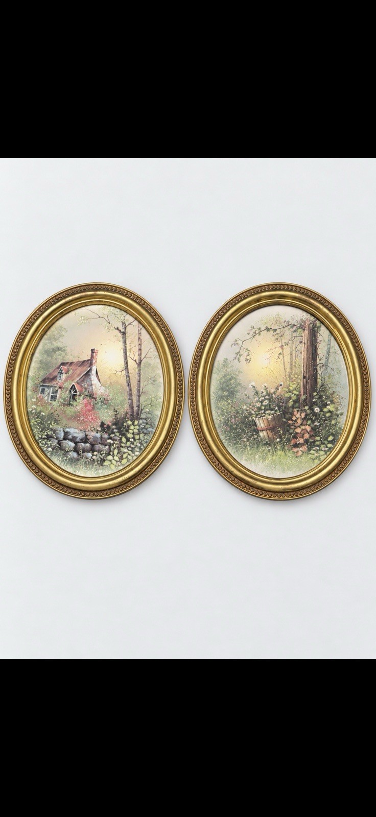 Pair Oval Gold-Tone Framed Woodland Cottage Floral Prints 19” x 15” Vintage 