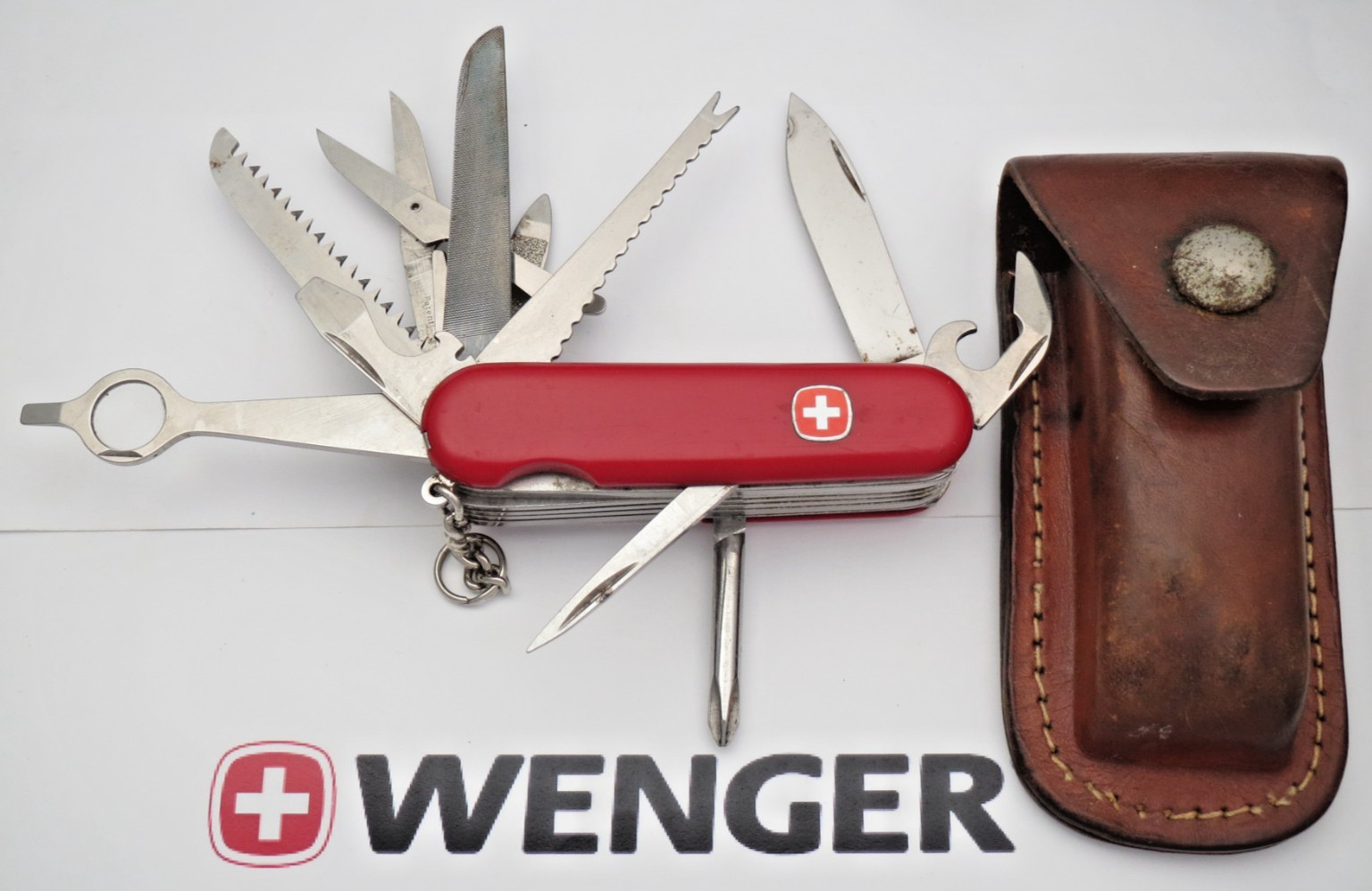 Vintage Wenger 85mm MONARCH  Swiss Army Knife Red Cellidor with Sheath