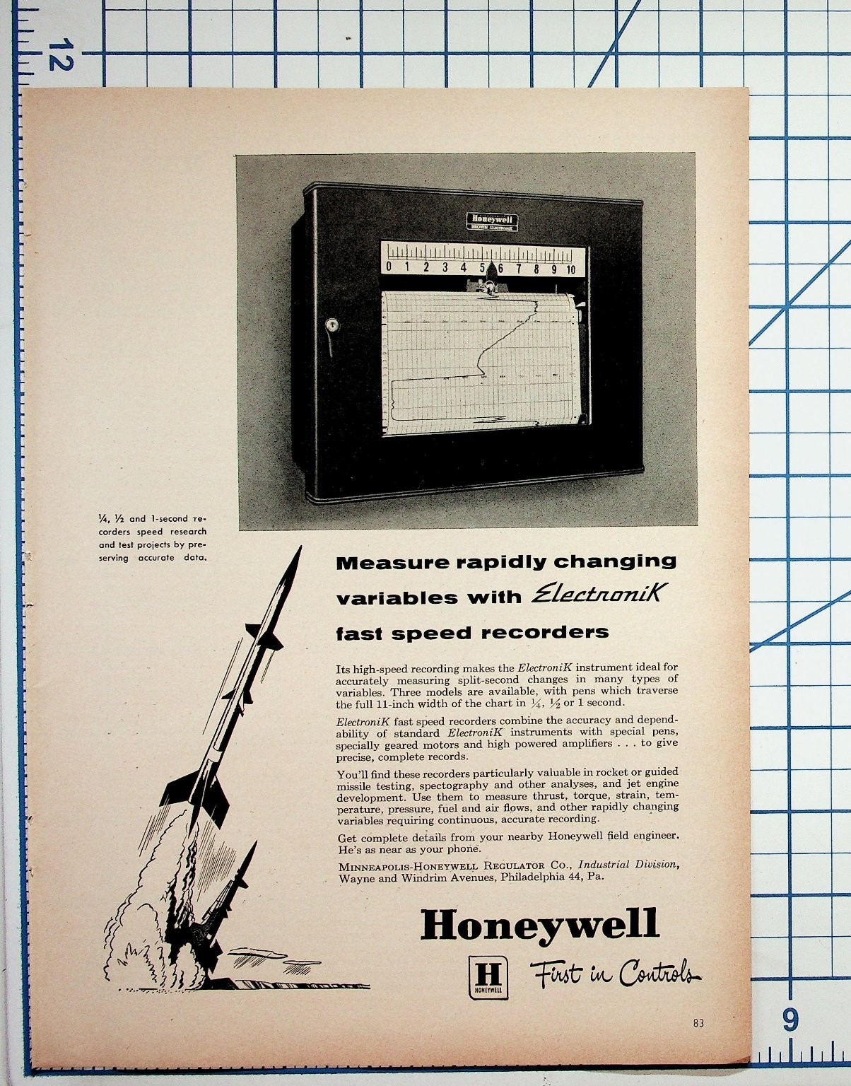 1950s Honeywell Electronik Recorder Rocket Missile Test Vintage Ad