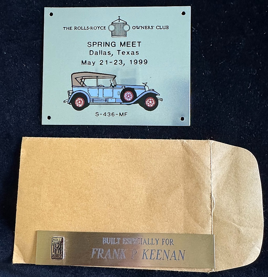 Vintage Rolls Royce Owners Club Dash Plaque Badge 1999 Dallas, TX Spring Meet