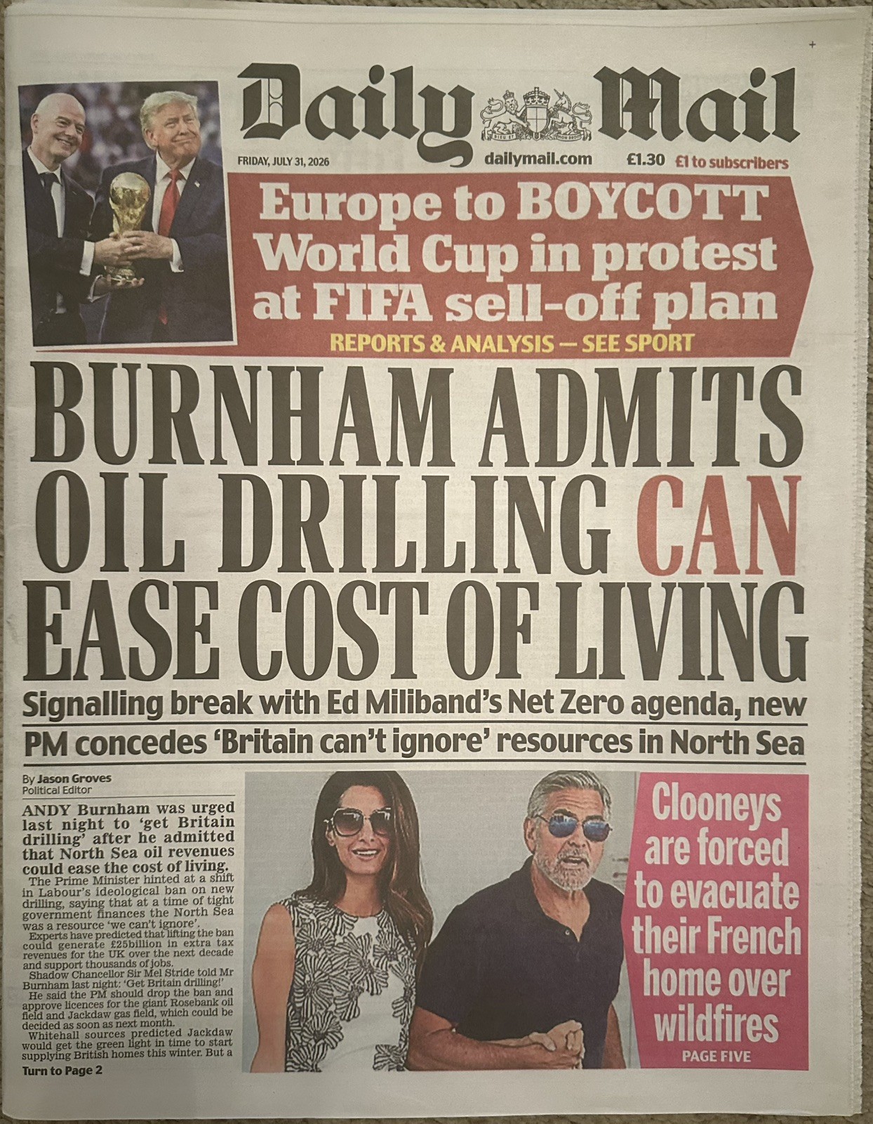 Daily Mail 31st July 2026 31/7/26 UEFA Boycott FIFA, Eddie Howe Quits Newcastle 