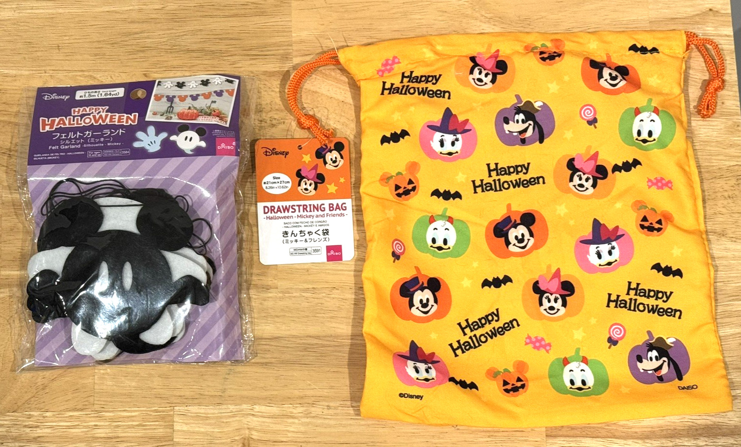 Disney Daiso Happy Halloween Felt Garland and Mickey & Friends Drawstring Bag