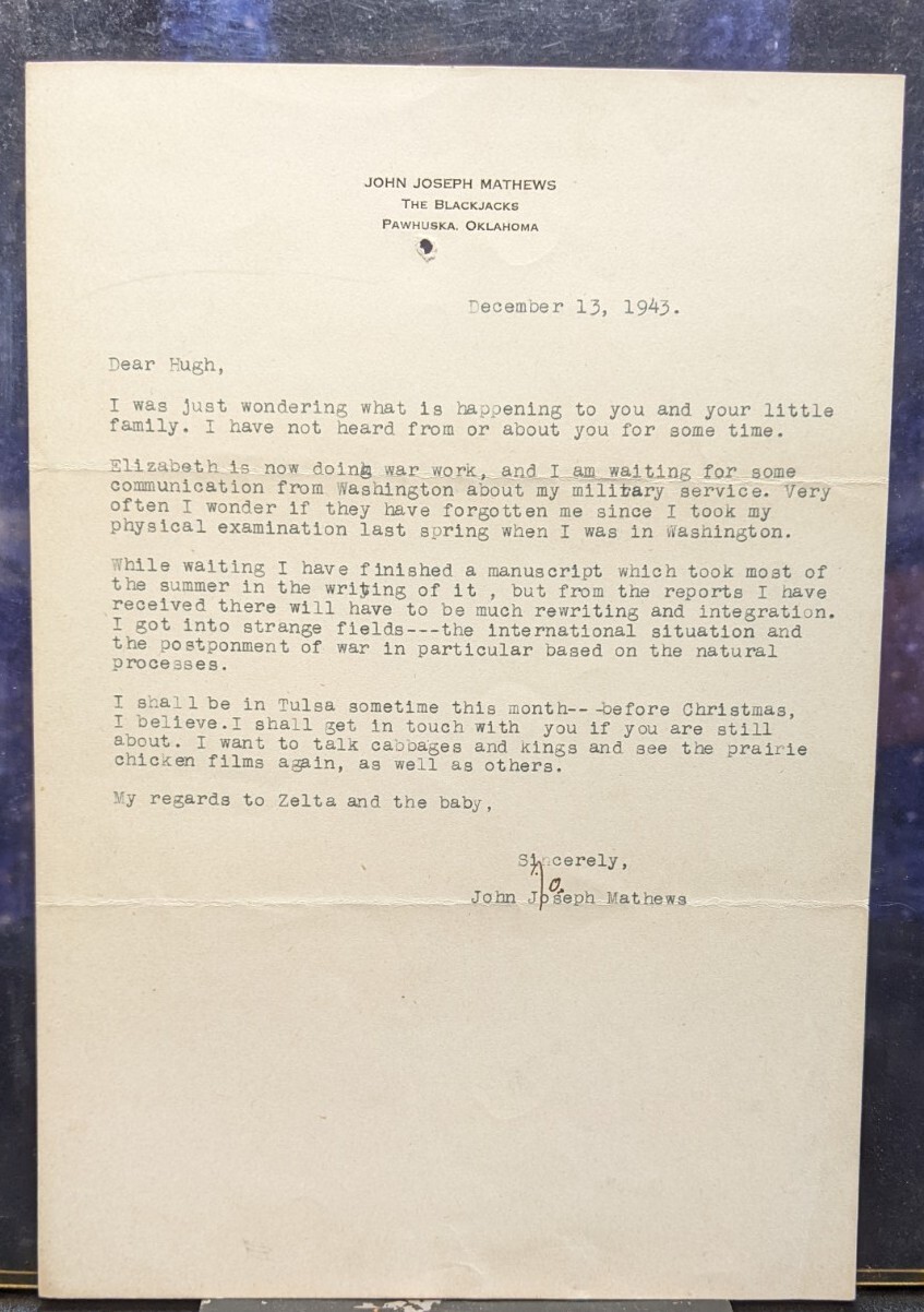 INITIALED letter by author John Joseph Matthews discussing WWII, Dec. 13, 1943