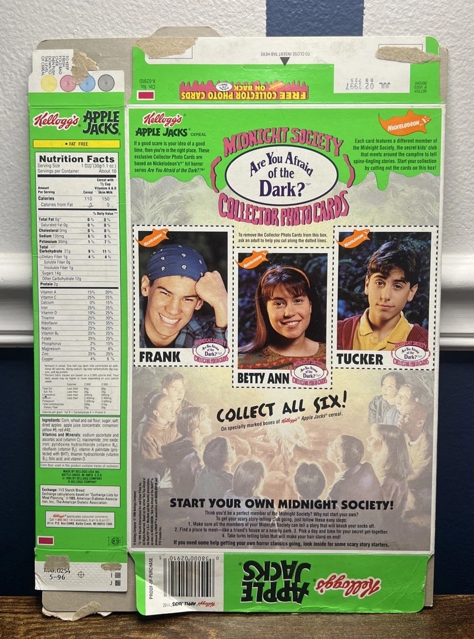 Vtg 1997 Kellogg’s Apple Jacks Are You Afraid Of The Dark? Photo Card Cereal Box