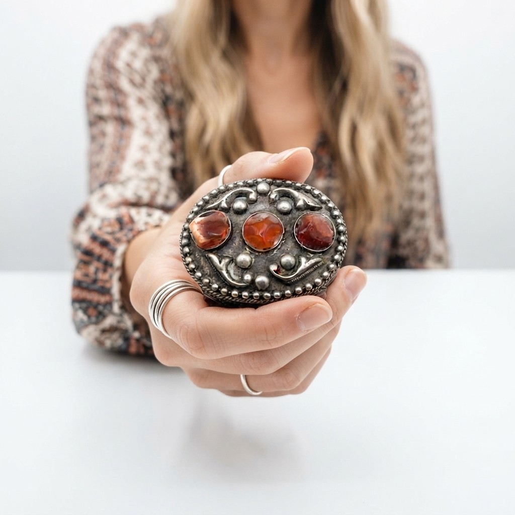 Carnelian Snuff Pill Trinket Jewelry Box Small Silver Patina Red Vintage