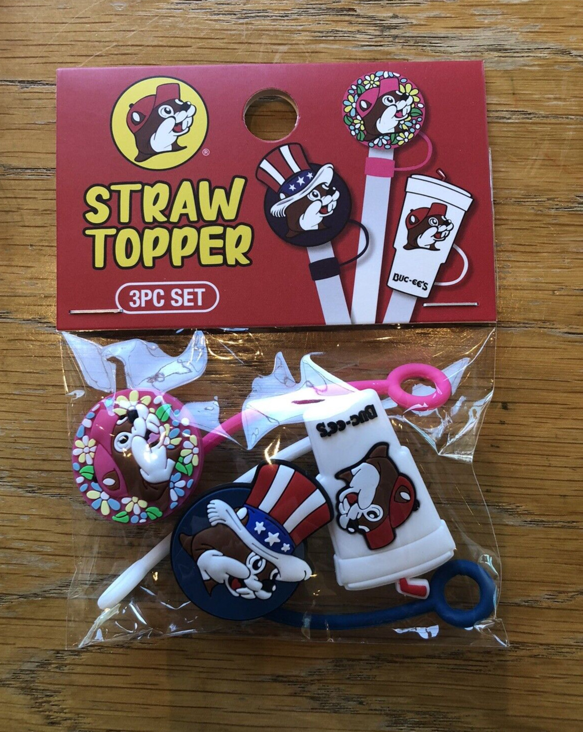 Buc-ee's Straw Topper 3 piece set - New in Package - Patriotic, Cup, Floral