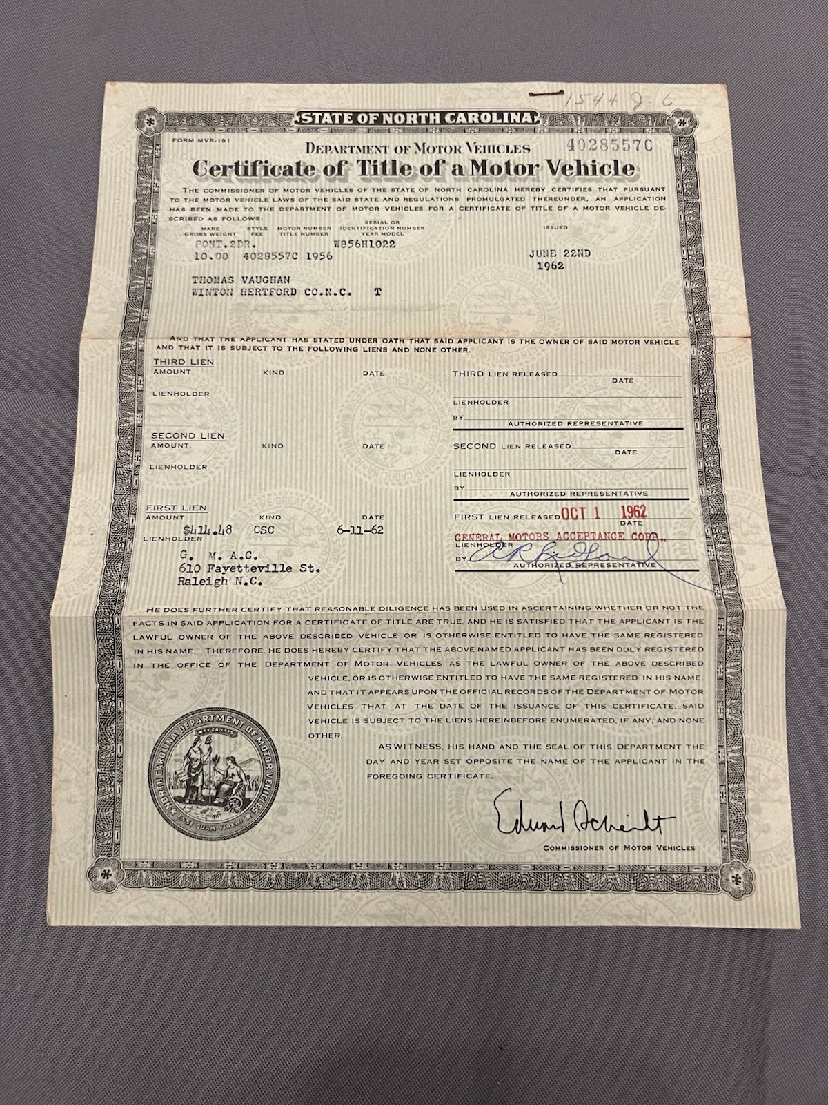 Genuine Original 1956 Pontiac 2 Door NC Car Title W856H