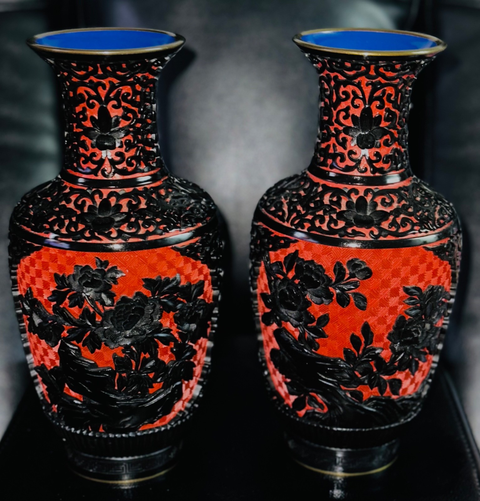 2 1920's Antique Chinese Black on Red Cinnebar Carved Vase Blue enamel Int 10'