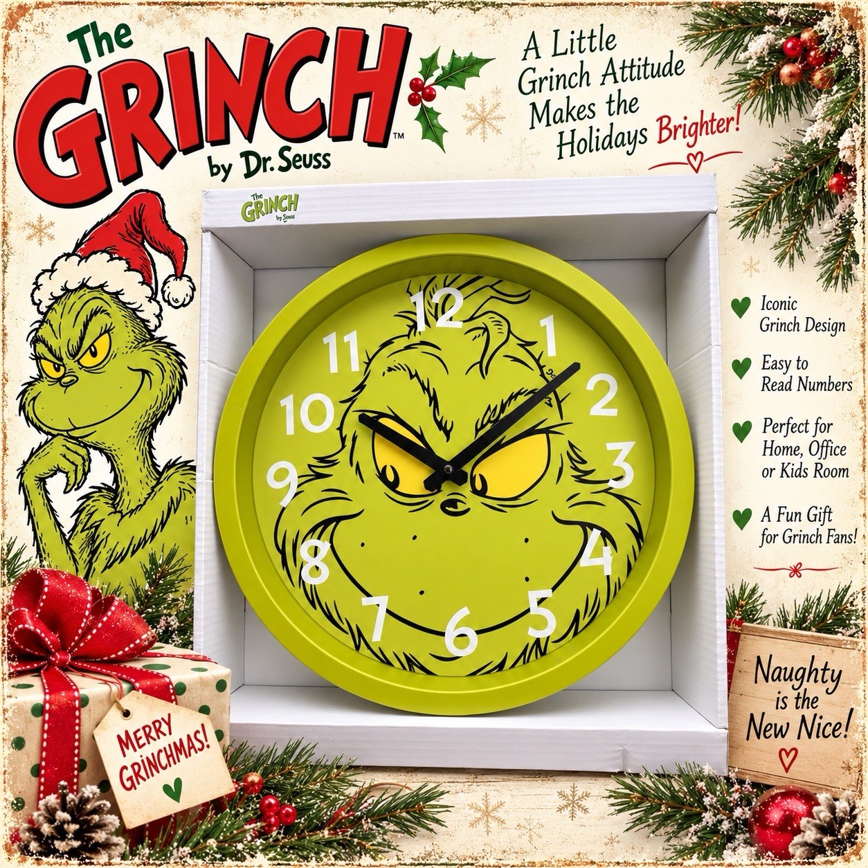 Dr. Seuss 2026 Green Grinch Face Wall Clock Holiday Christmas Decor NIB
