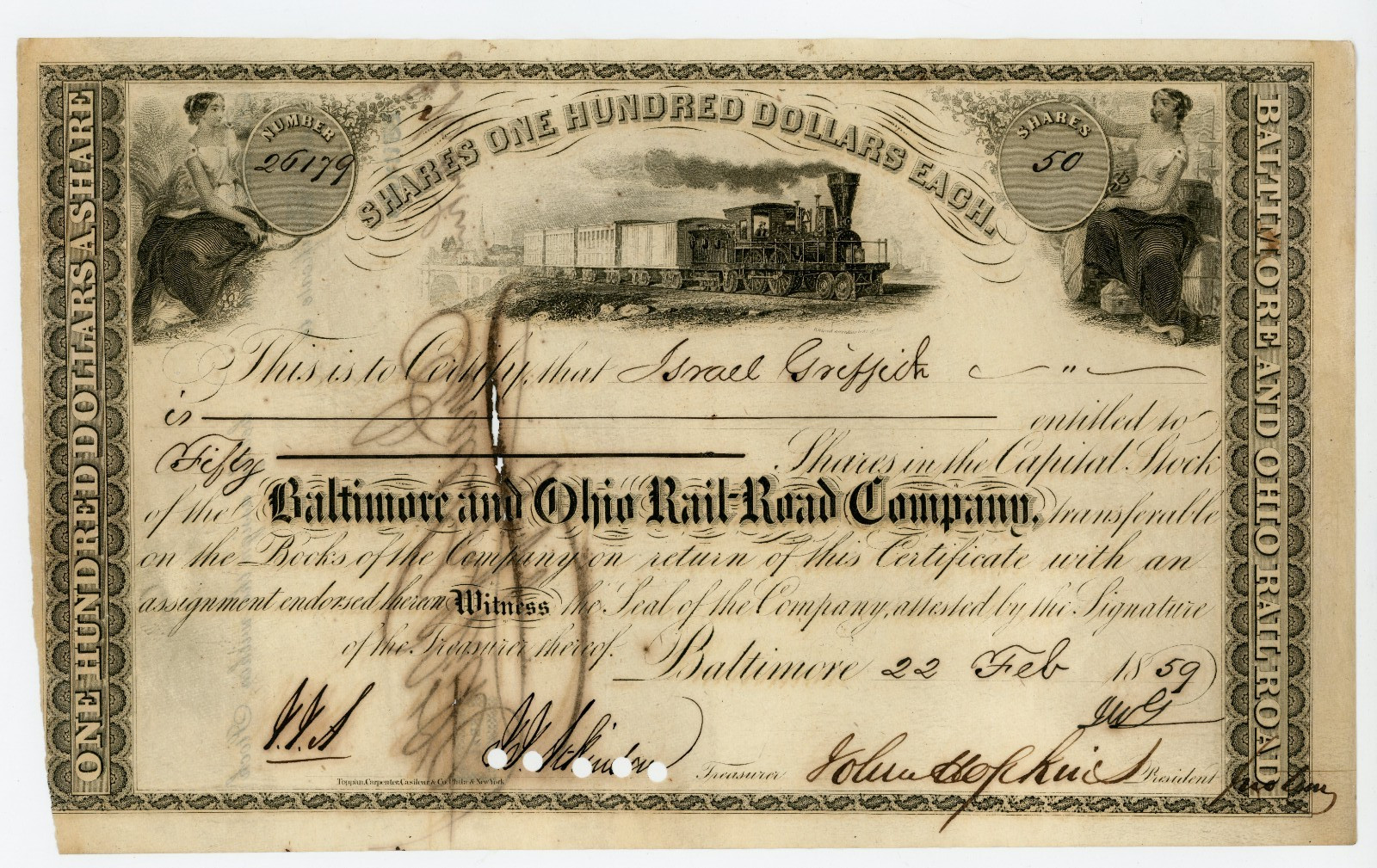 Johns Hopkins ~ Signed Autographed 1859 Railroad Stock Certificate ~ JSA LOA