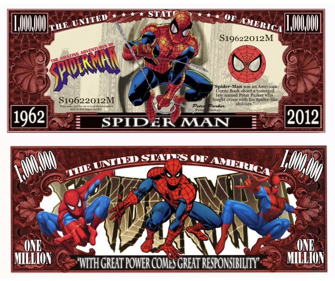 25 Marvel's Spider-Man Collectible Comic Superhero Money 1 Million Dollar Bills