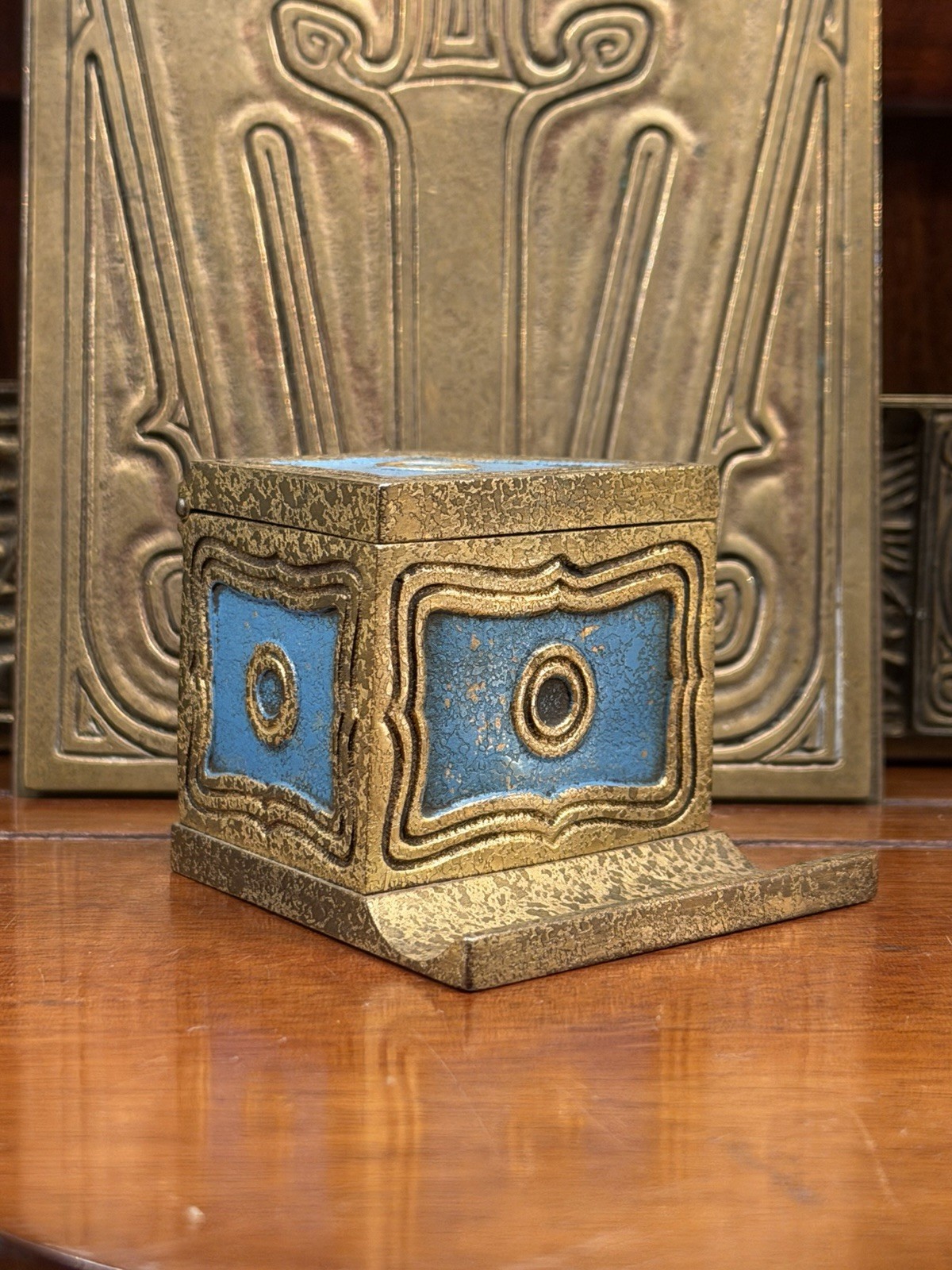 Antique 20thC Tiffany Studios Bronze Blue Enamel Miniature Inkstand W/Pen Tray
