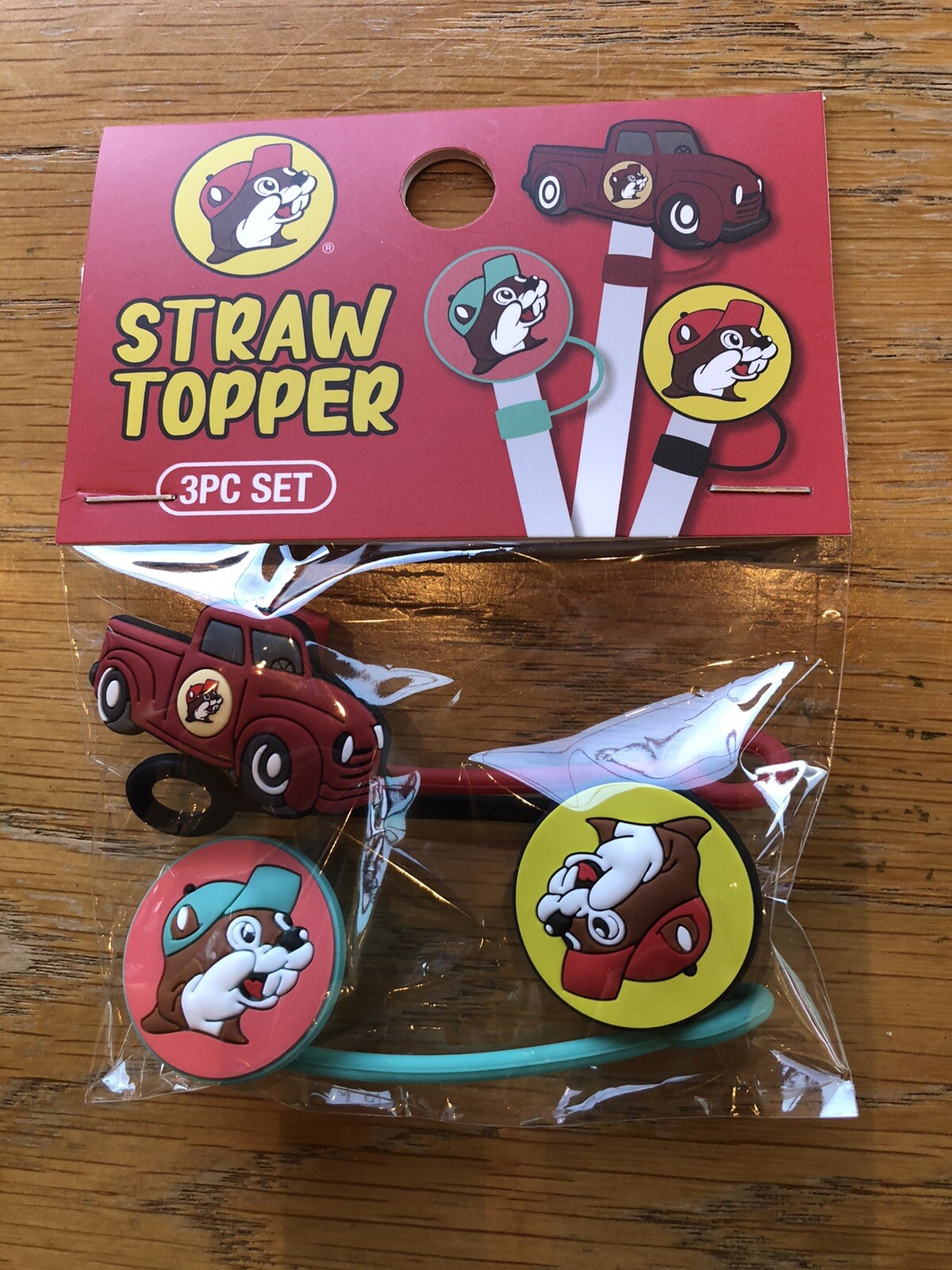 Buc-ee's Straw Topper 3 piece set - New in Package - Red Truck, Logo