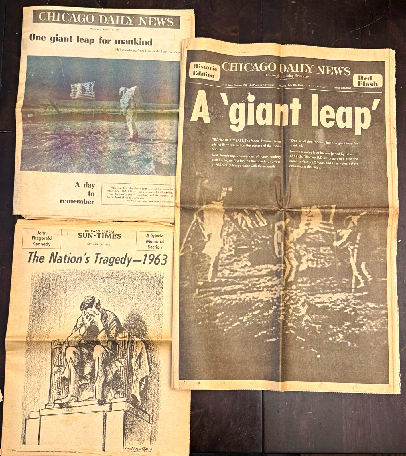 Vintage Chicago Newspaper Lot 1963-1976 Apollo 11 Moon Landing JFK Memorial