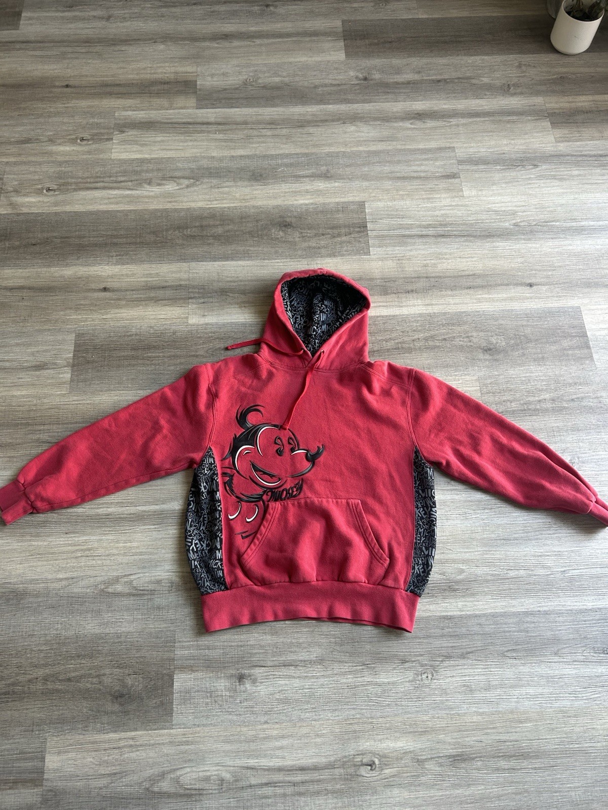 Vintage Disney Parks Mickey Mouse Red Black All Over Print Hoodie Medium Y2K
