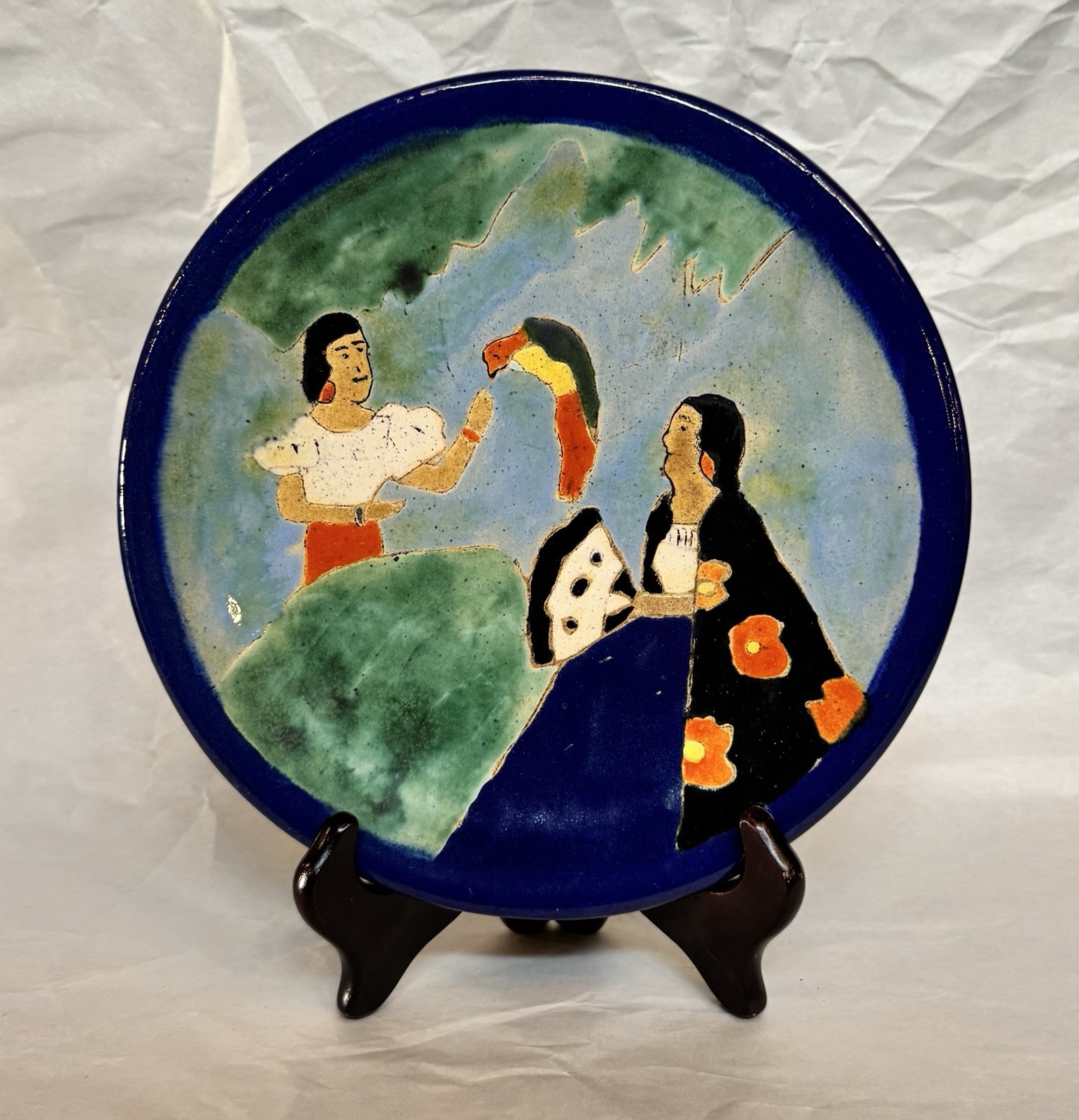 Rare San Jose Mission Pottery 8.25” Plate Senoritas With Parrot Very Colorful
