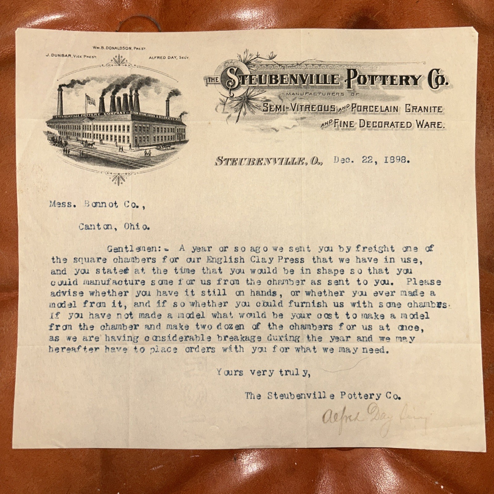 Antique Letterhead 1898 The Steubenville Pottery Company Ohio Signed Alfred Day