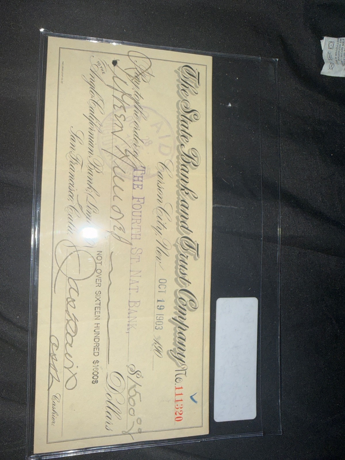 Vintage 1903 Carson City, NV ‘The State Bank and Trust Company’ Bank Check