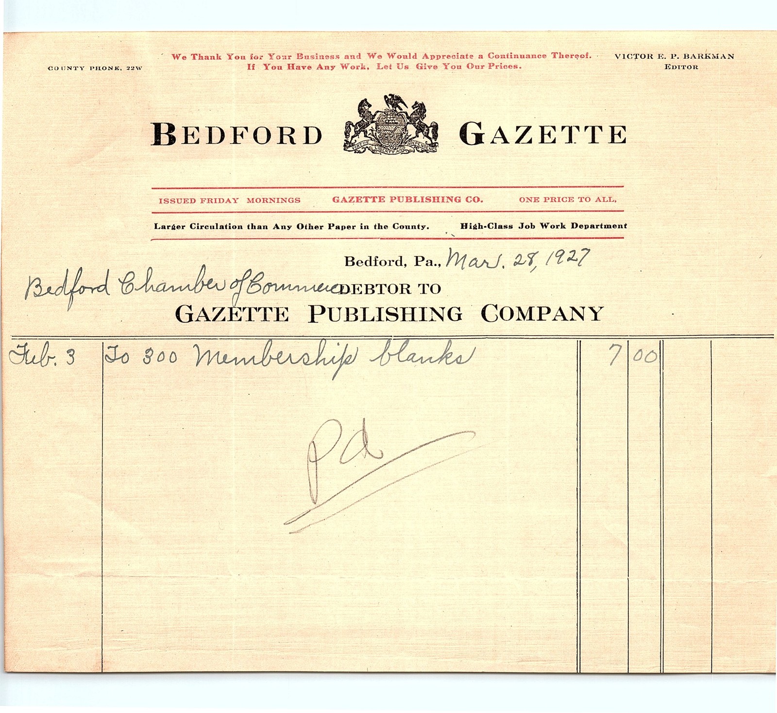 1927 Bedford Gazette billhead for Chamber of Commerce