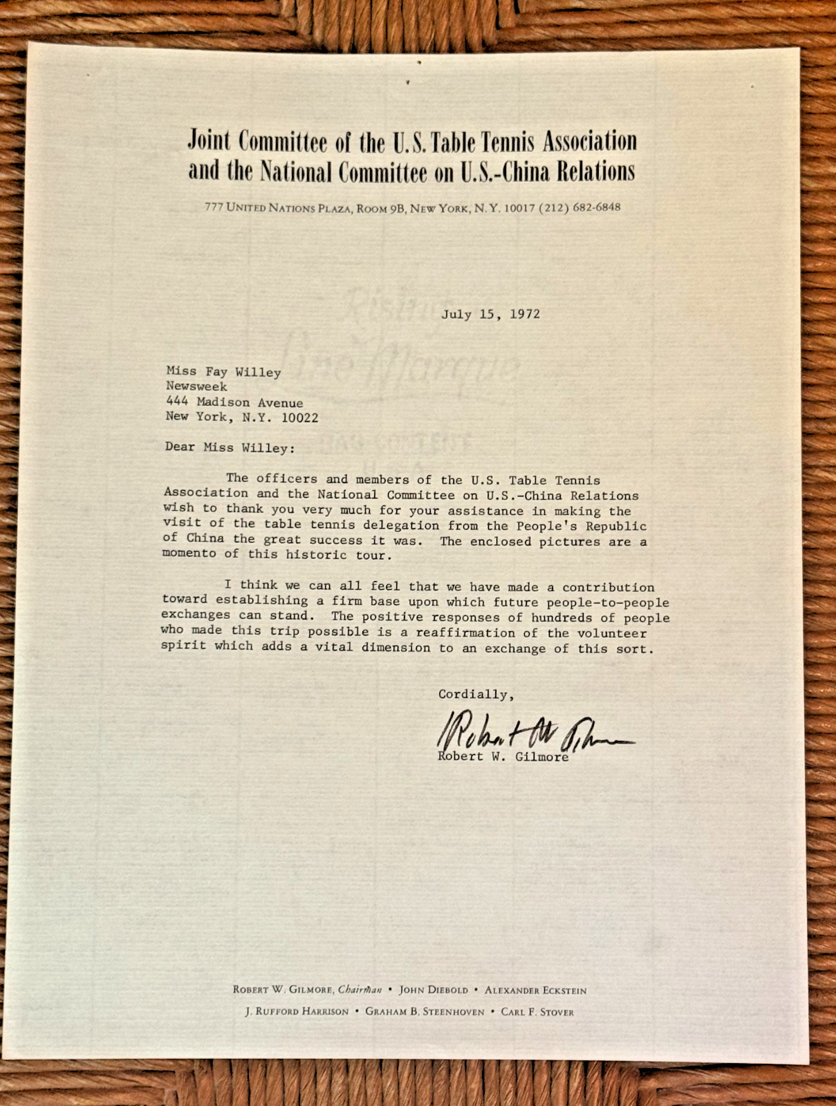 1972 Table Tennis Diplomacy Letter - U.S.-China Relations - Signed