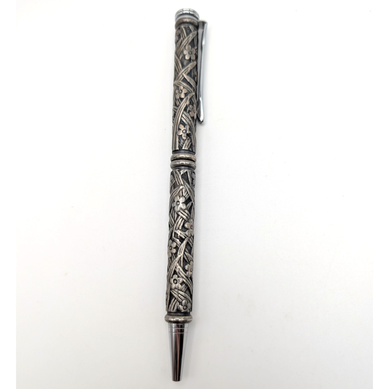 Vintage Silverplate Floral Ballpoint Pen - Needs New Ink - Made in Taiwan