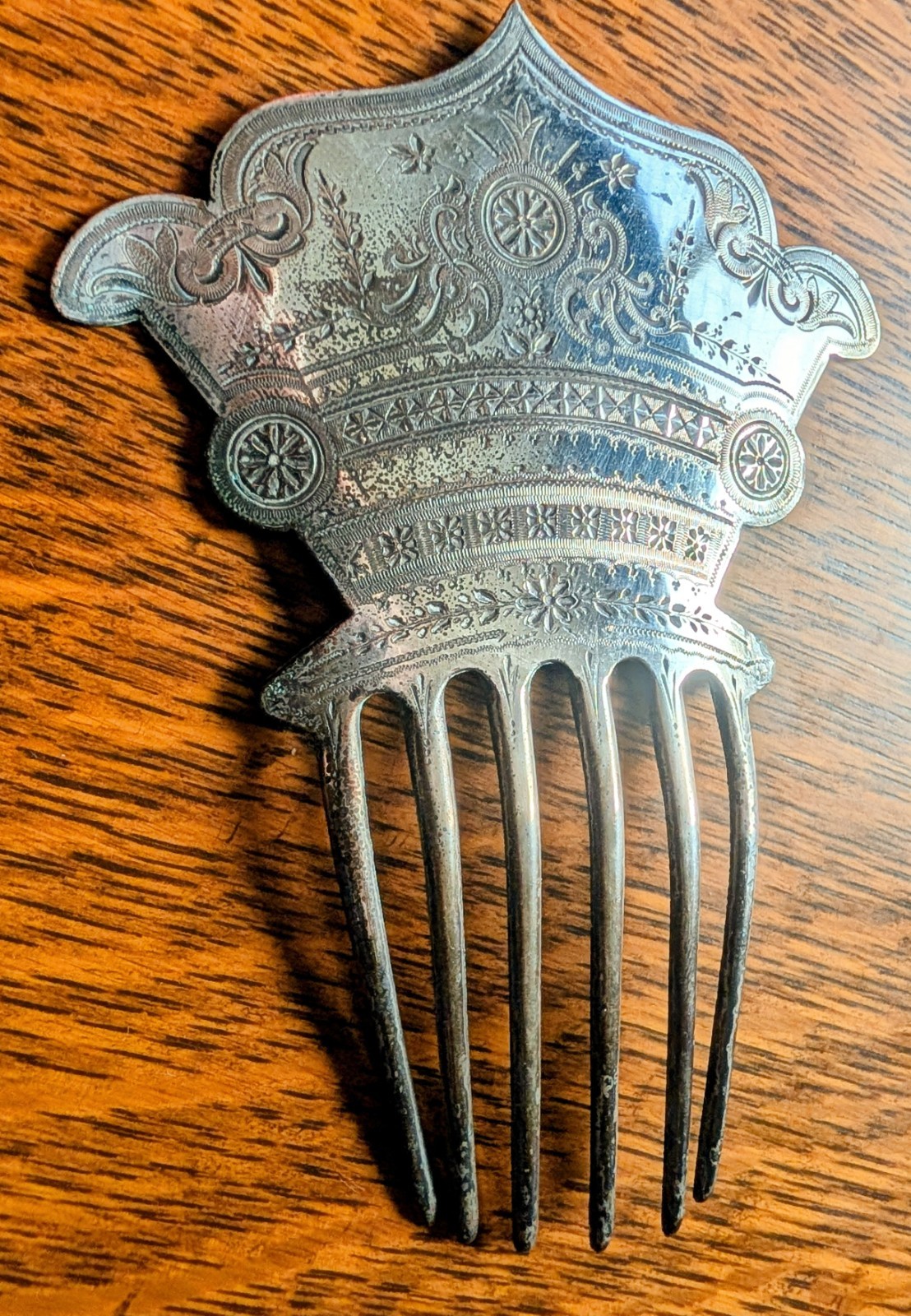 1880s Silver Hair Comb - Victorian Ornate Polished Etched Hairpiece 5.5\
