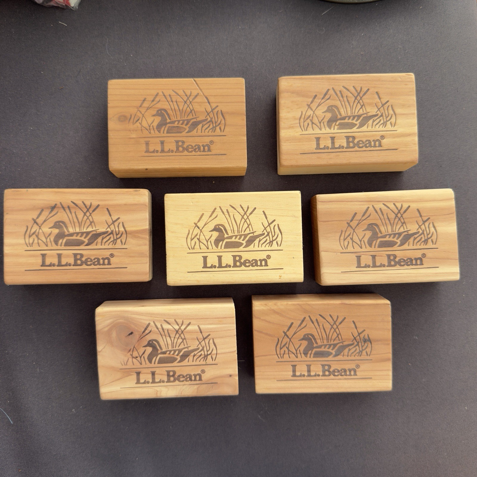 VTG LL Bean Cedar Wood Block Lot of 7 Duck Embossed Wood Home Decor 3.15” W/ Bag