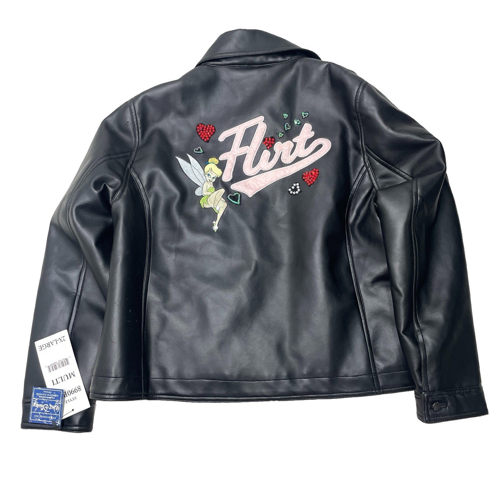 Disney Tinkerbell Flirt Faux Leather Jacket Women 2X Black Embroidered NWT- READ
