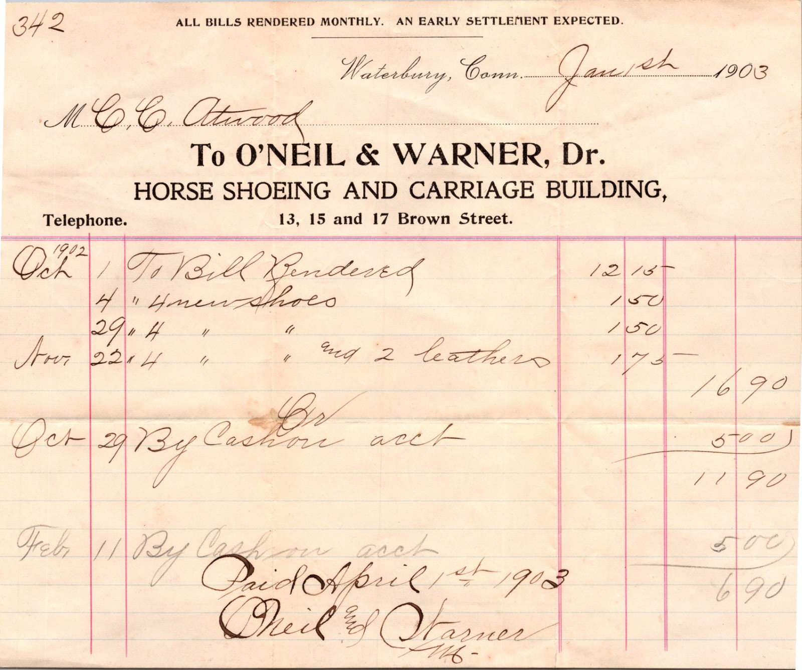 1903 ADV BILLHEAD WATERBURY CONNECTICUT O'NEIL & WARNER BLACKSMITH HORSESHOE