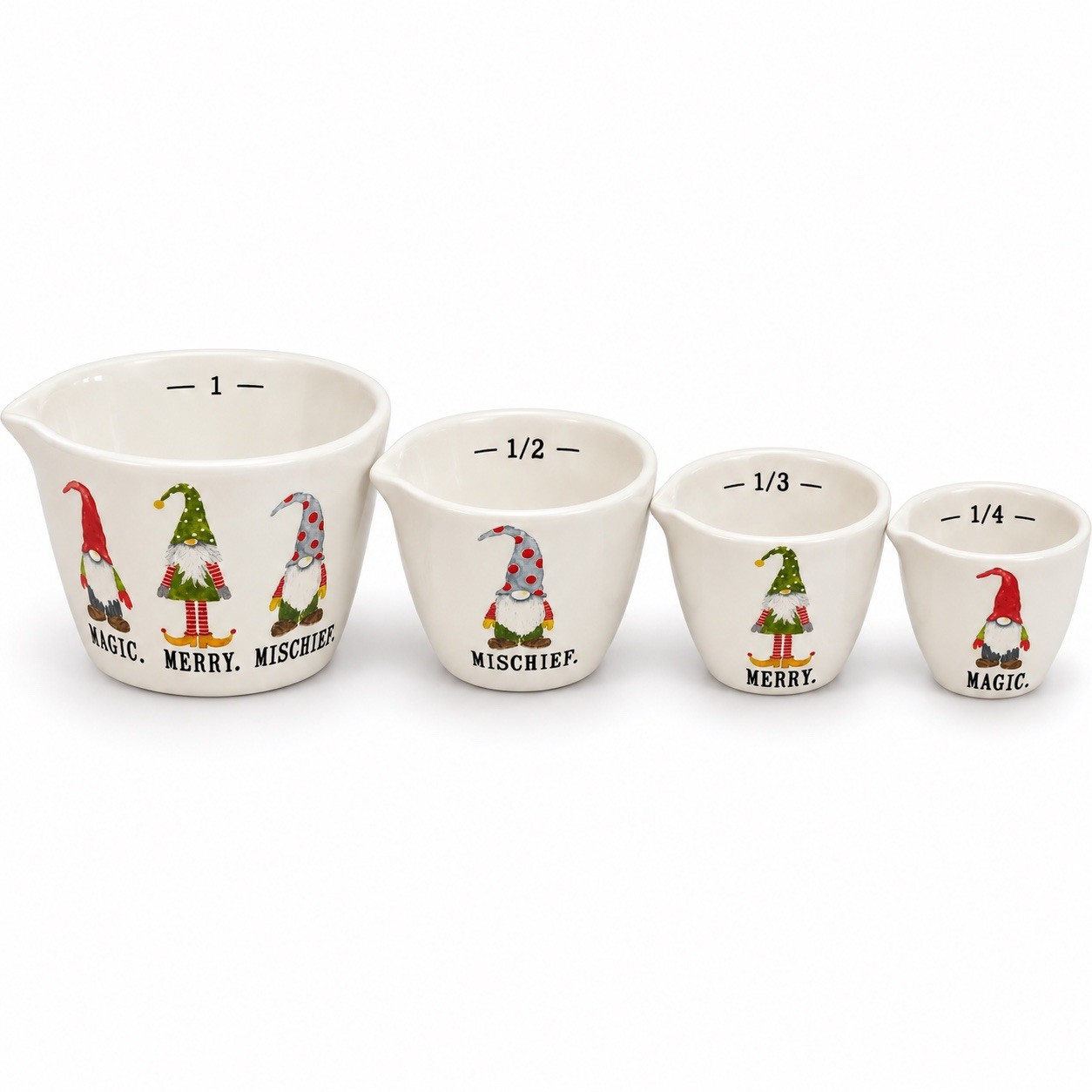Rae Dunn #213 Magic Merry Mischief Gnome Measuring Cups Set 4 Rare Christmas