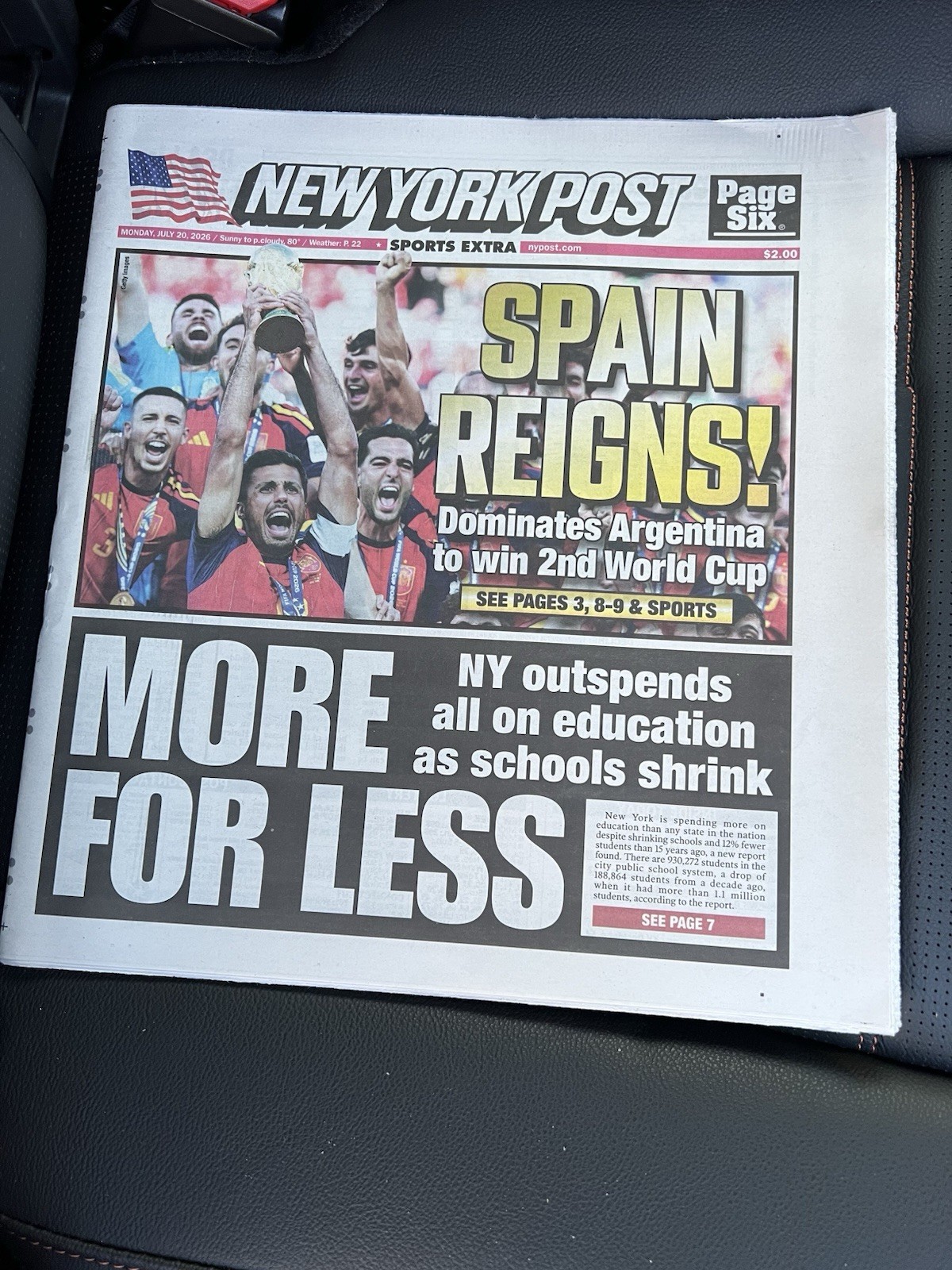 Spain Wins The World Cup 2026 Champions NY Post 7/20/2026 Newspaper