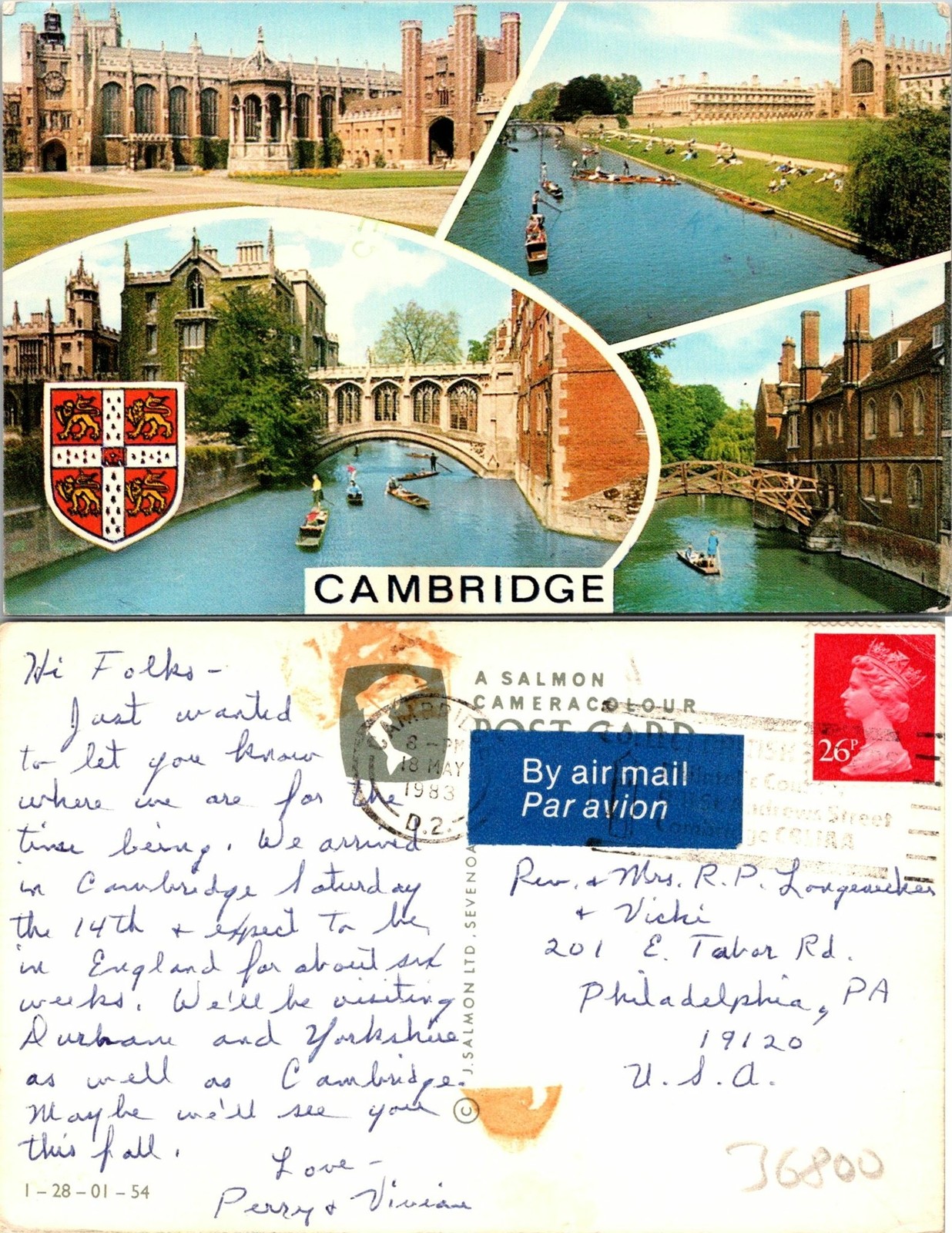 Cambridge England Postcard Used (36800)