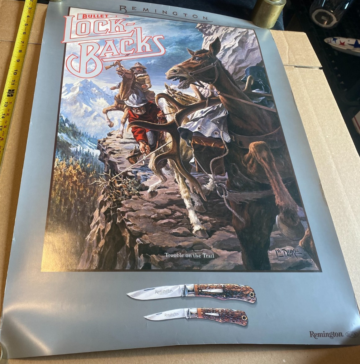 REMINGTON KNIFE POSTER Bullet Lock-Backs LW Duke Trouble on the Trail 28x20