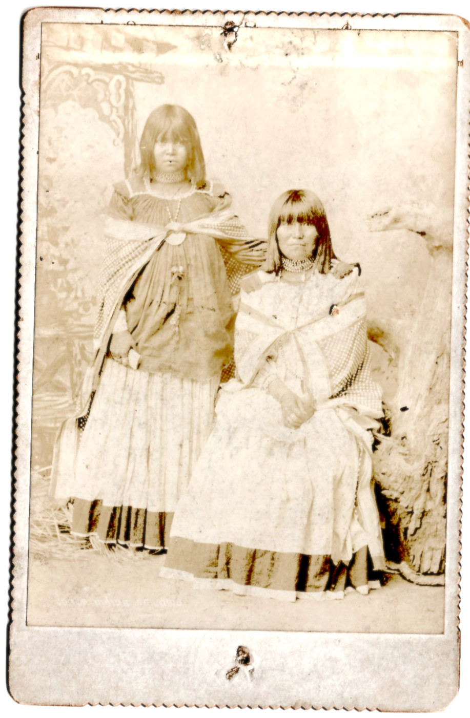 Antique Sepia Cabinet Card of Two Apache Women in Dresses, mounted, arizona.
