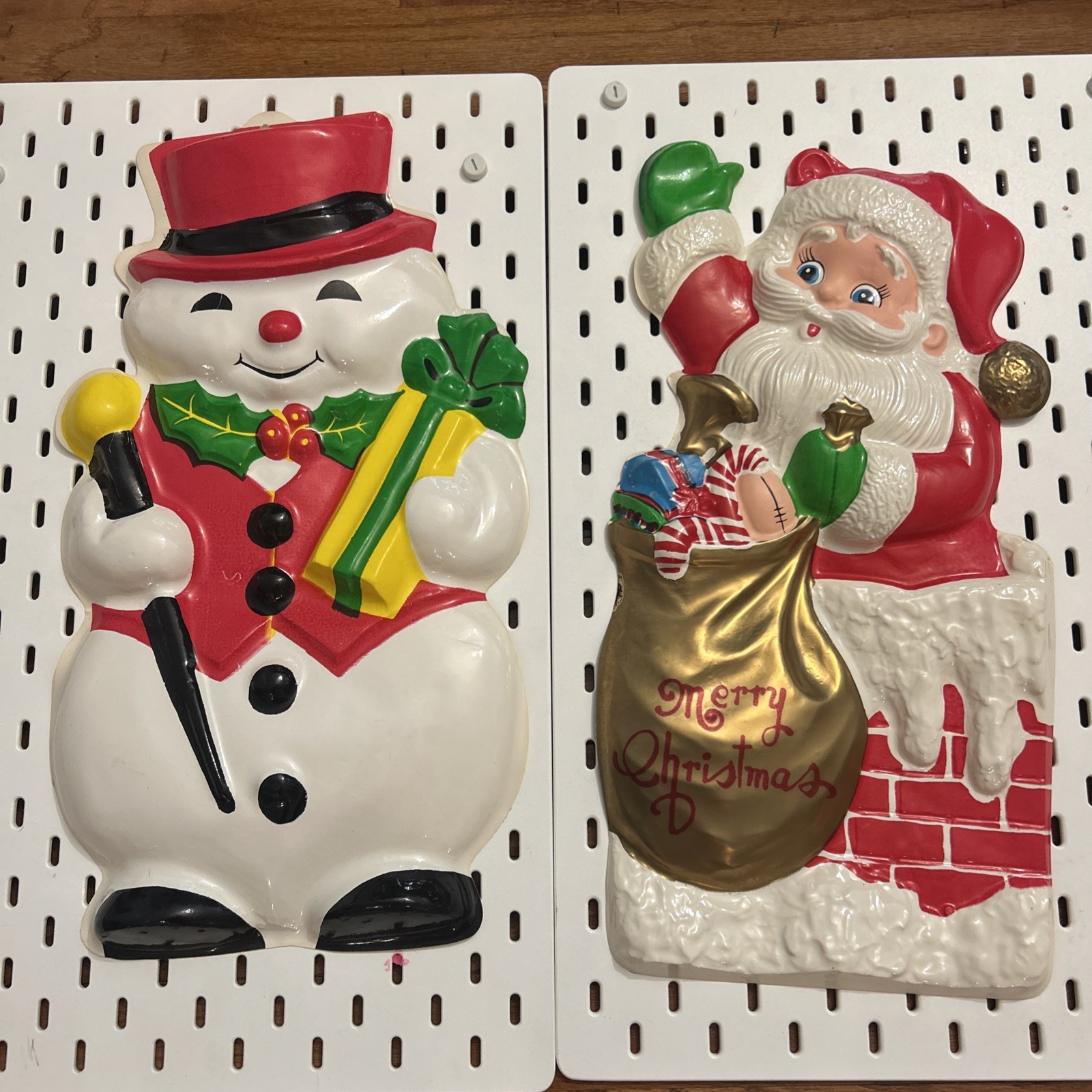 TWO Vintage Christmas Molded Plastic Santa Snowman Wall Hanging NEW OLD STOCK