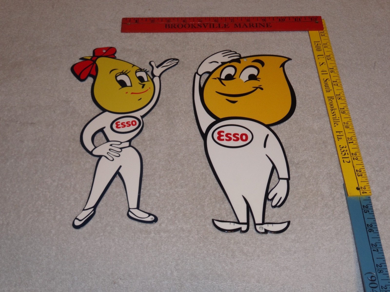 VINTAGE NOS ESSO OIL DROP BOY & GIRL LOT OF2 METAL GASOLINE OIL ADVERTISING SIGN