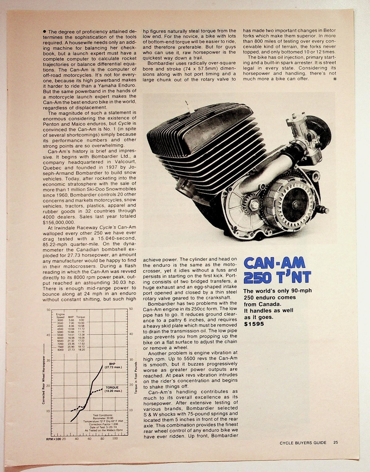 CAN-AM 250 T\'NT Motorcycle Vintage 1970s Magazine Ad Article Engine Photo