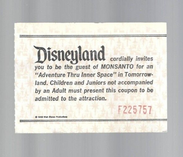 Vintage Disneyland Ticket 1960’s Monsanto Adventure Through Inner Space Numbered