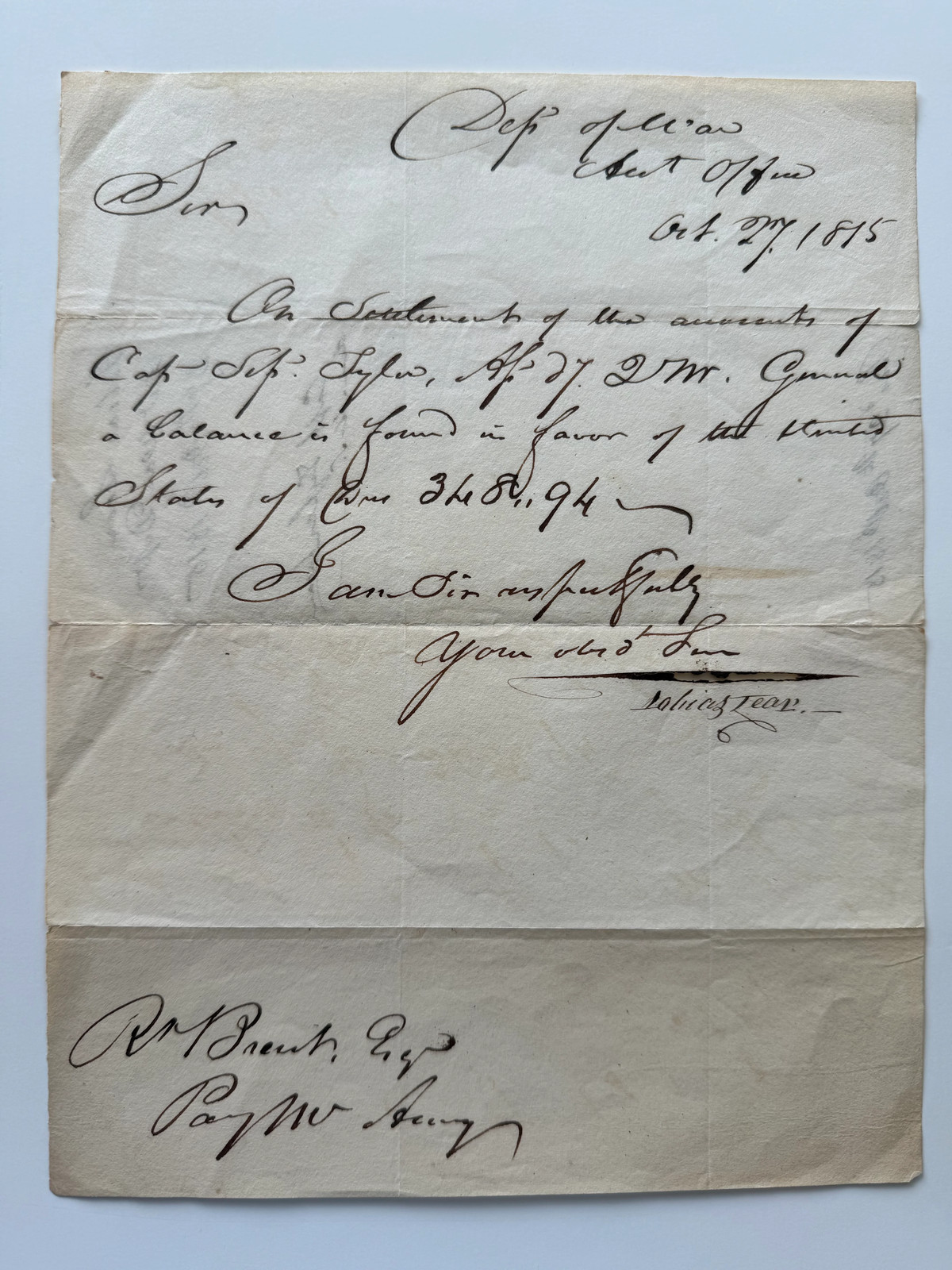 1815 U.S. War Department Letter – Accountant\'s Office – Post-War of 1812