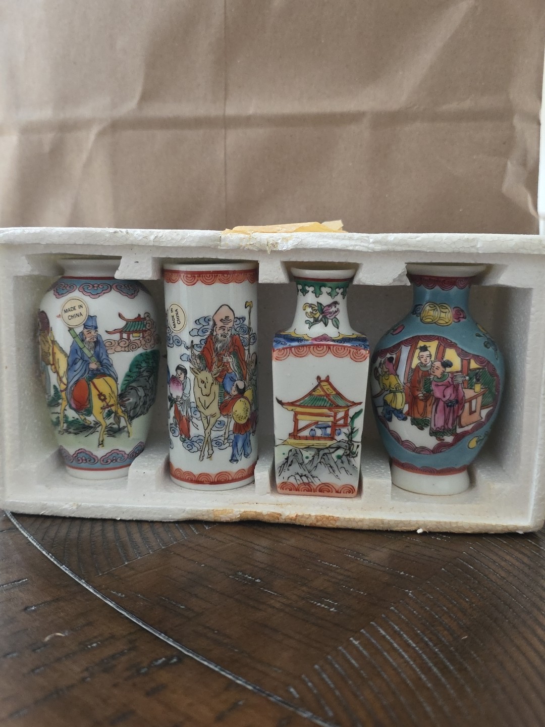 Vintage 1950s Chinese Hand Painted Folk Art Mini Vase Set Collection