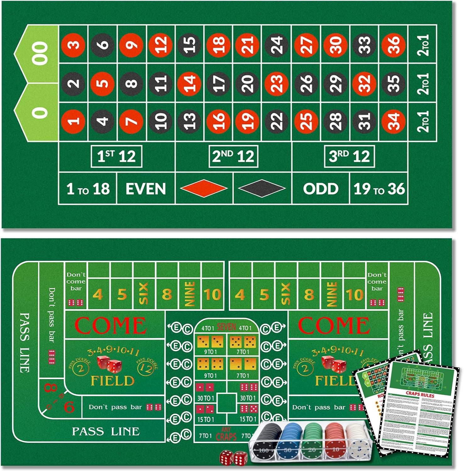 Double Sided Roulette Craps Table Top Mat 36x72 Casino Felt Poker