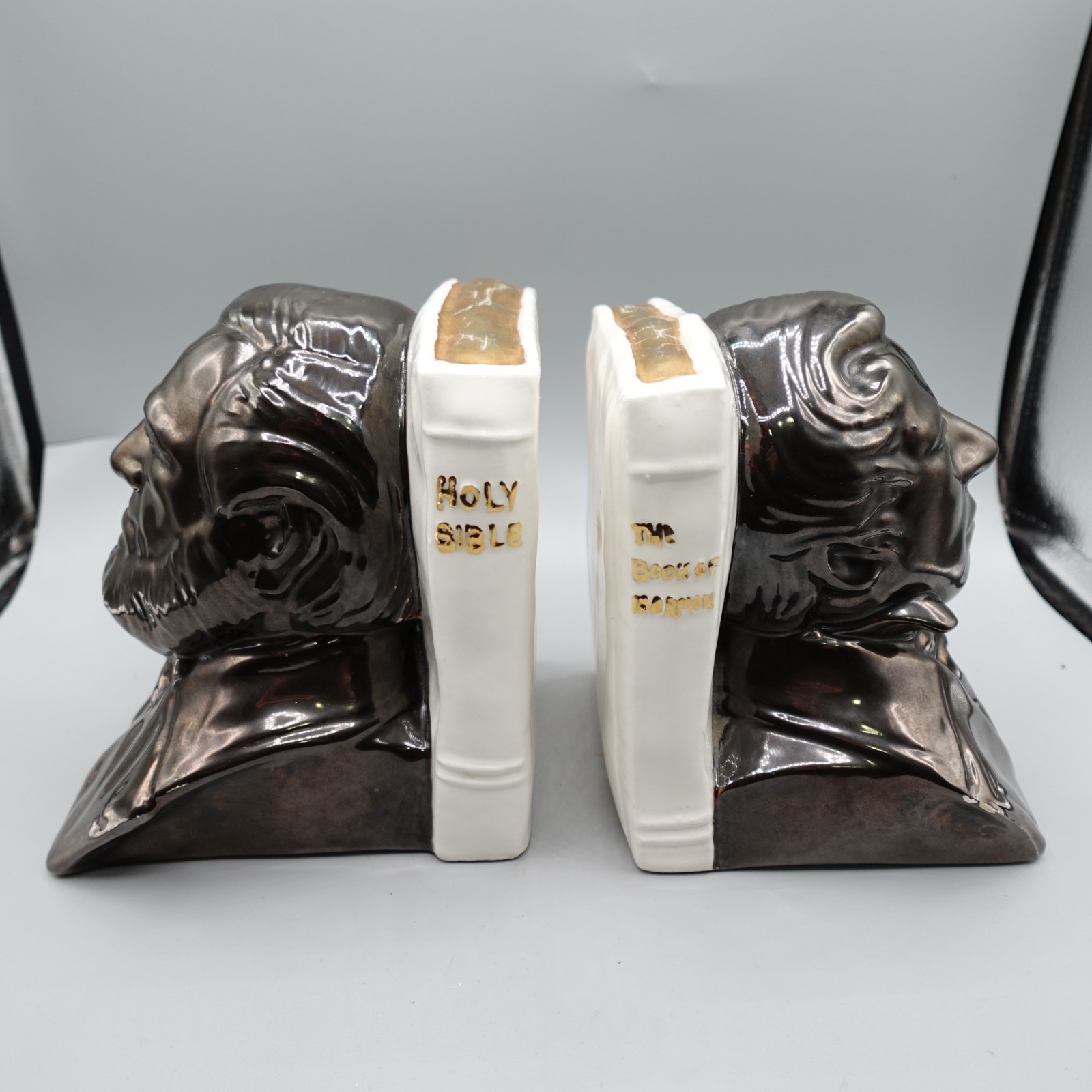 Vintage Joseph Smith Bookends Brigham Young bible Ceramic gold copper tone