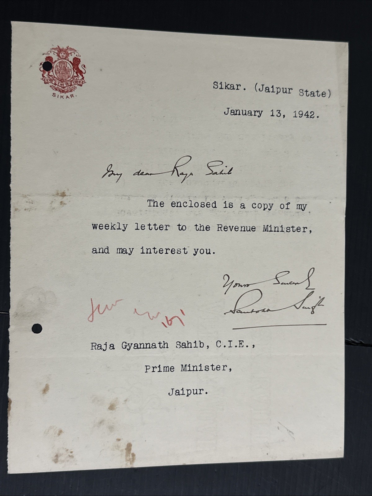 India 1942 Sikar State crested letter
