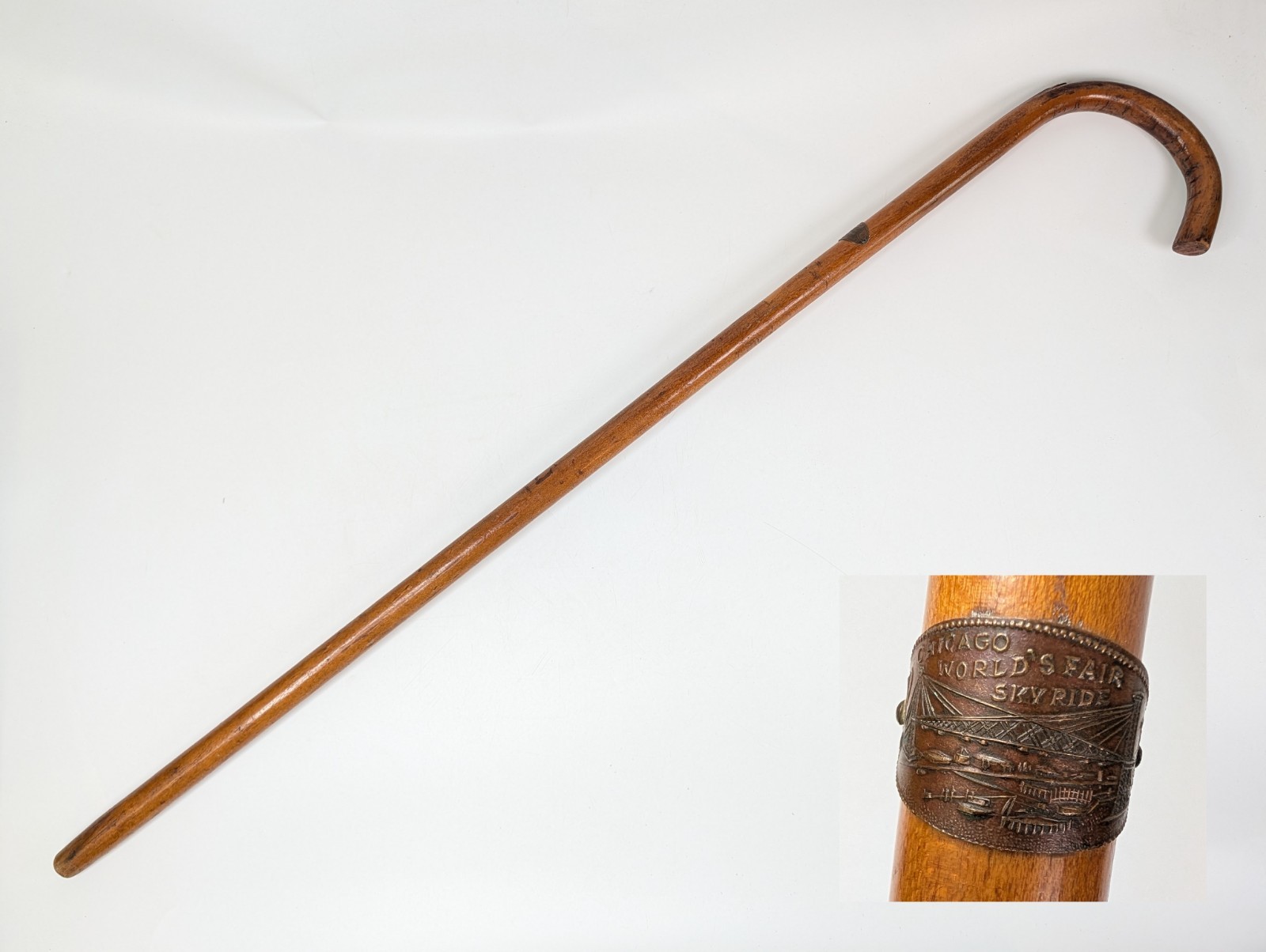 Vintage 1933-34 Chicago World\'s Fair Sky Ride Cane Walking Stick Bent Wood 35\