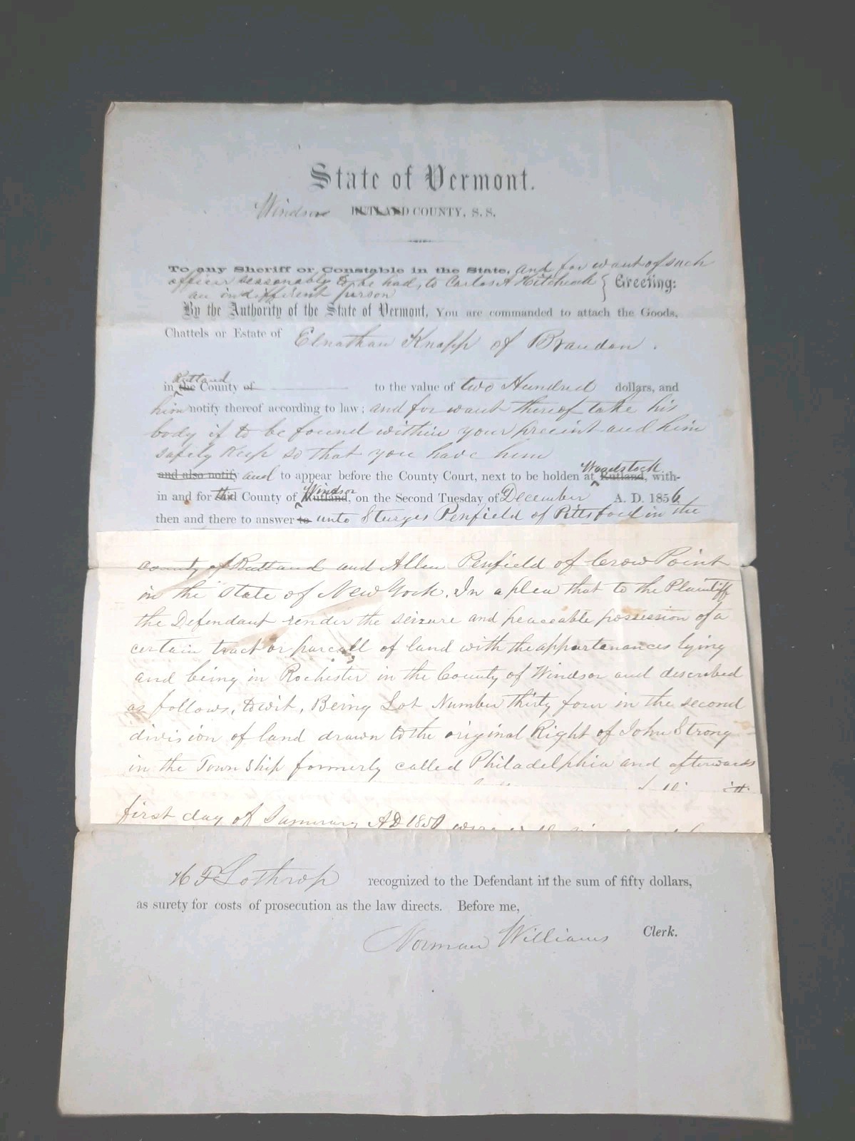 Antique 1856 Vermont Legal Writ Woodstock Windsor Co Land Dispute Norman William