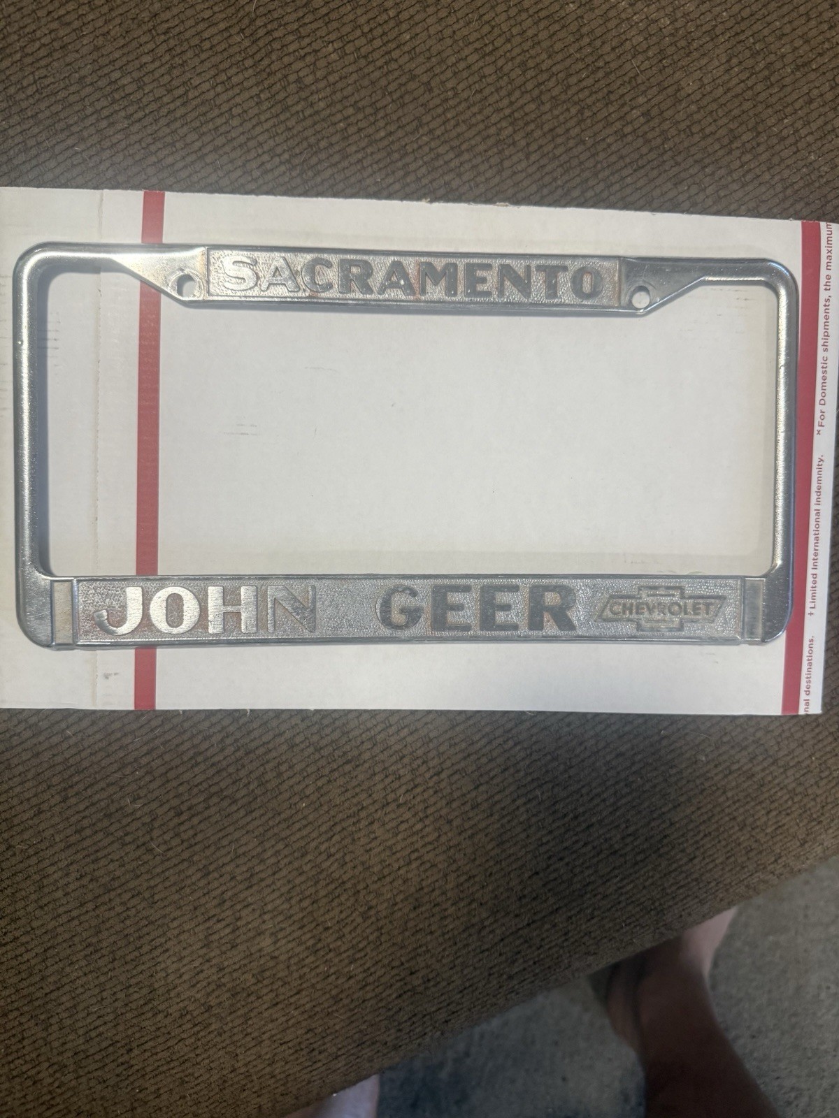 John Geer Chevrolet Sacramento CA Dealer License Plate Frame - Single Frame
