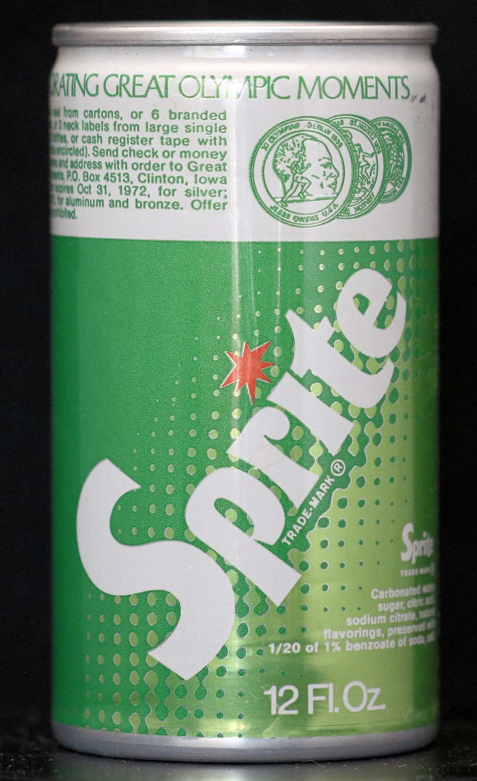 Vintage 1972 Sprite Great Olympic Moments 12 oz Pull Tab Soda Can Empty
