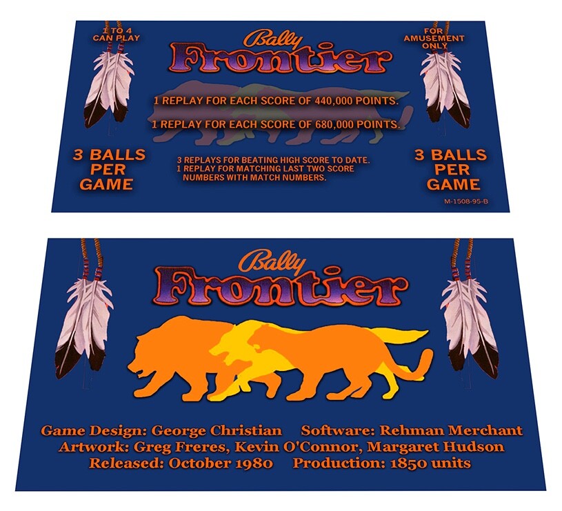 Bally Frontier Pinball Custom Apron Instruction Cards Hi Resolution